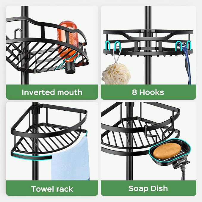 HAMITOR Shower Caddy Tension Pole: Rustproof Quick Install Corner Bathroom Organizer Shelf on Floor for Renters - 4-Tier Large Capacity Storage Rack with Soap Holder for Apartment -47-121 Inch/Black