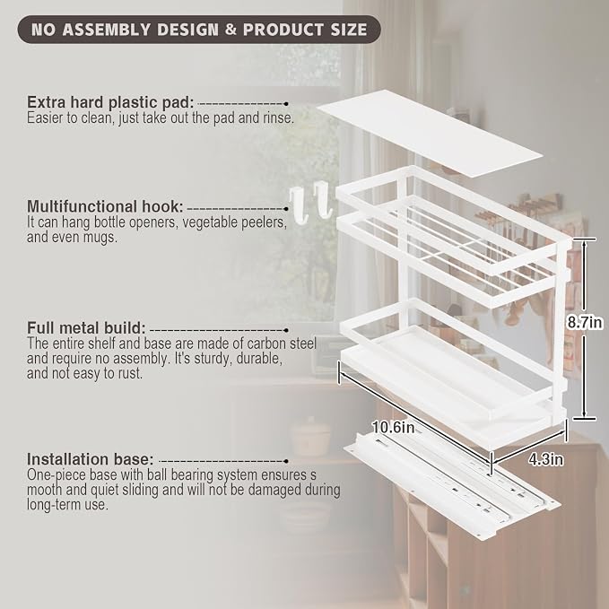 Magheo Pull Out Spice Rack Organizer for Cabinet, 1 Pack Metal Seasoning Organizer Slide Out Spice Storage Shelf No Assembly Vertical Spice Rack Pullout for Kitchen & Bahthroom No Drill(2 Tier,White)