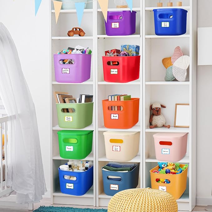 Thyle 12 Pack Richly Colorful Plastic Storage Bins with Lids 7 Quart Toy Storage Box Stackable Nestable Organizer Boxes with Handle and Labels for Classroom Shelf Bedroom Desktop Toys School Supplies