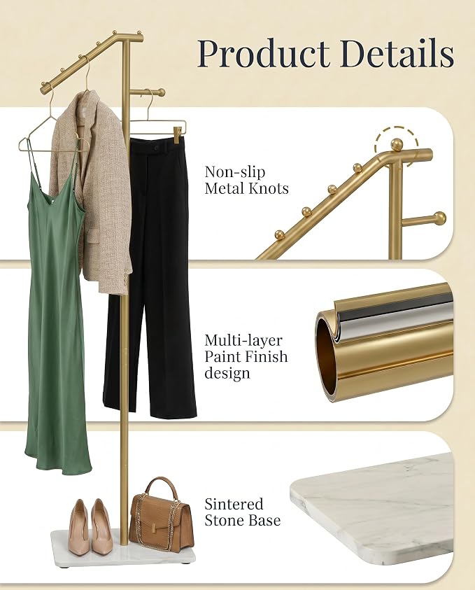 F-Shaped Metal Clothes Hanger, Modern Coat Rack with Rock Base, Gold Freestanding Coat Rack, Bottom with Sponge Pad,Suitable for Boutiques, Entryway, Living Room, Hallway, Bedroom,15.7" X 9.8" X 66.9"