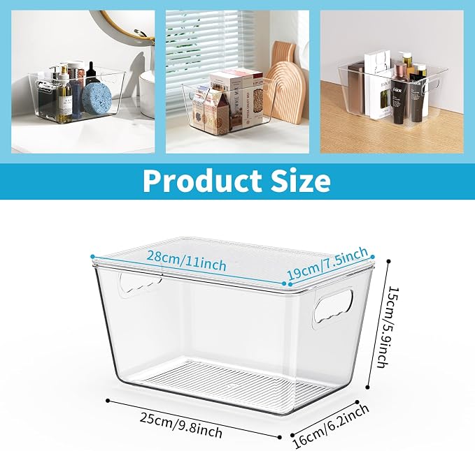 Clear Stackable Fridge Organizer with Lids, 4 Pack Large 11.5×7.5×6 Inch | Stackable clear storage containers with handles, pantry organizer for kitchen, fridge and freezer