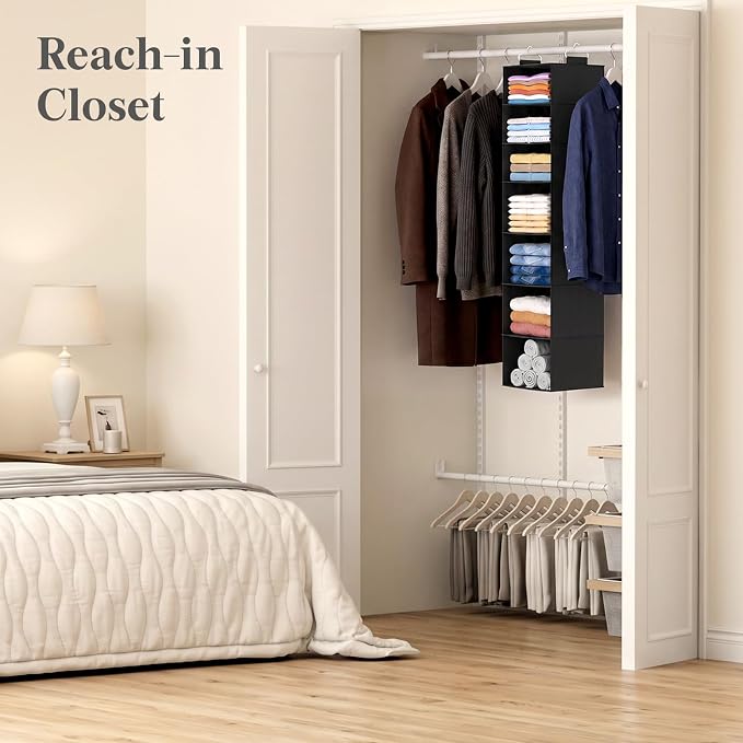 Lifewit 7 Tier Hanging Portable Closet Storage Organizer for Shelves, Gray | Foldable Clothes Shelf with 2 Sturdy Hooks, Sweater/Coat/Shoes Clothing Organization for Wardrobe, Dorm, Bedroom
