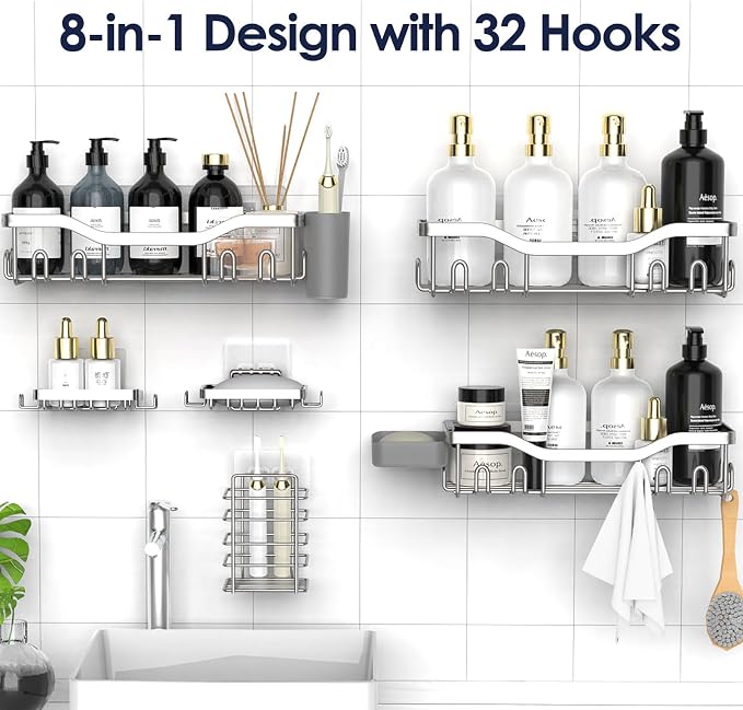 NESOMI Shower Caddy Adhesive Shower Organizer 8-Pack, Rustproof Stainless Steel Bathroom Shelves, Large Capacity No-Drill Rack Storage Accessories with Soap Dish Toothbrush Holder Hooks