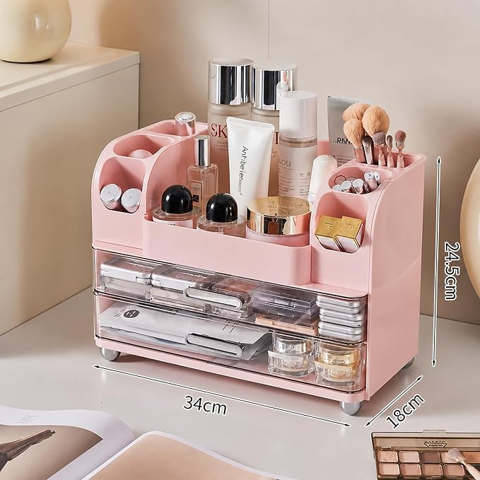 Large Makeup Organizer for Vanity - Perfume Cosmetic Display Cases | Skincare Organizers with 2 Drawers for Bathroom Dresser Desk, Easy to Store Brush Eyeshadow Lipstick Beauty Supplies, Pink