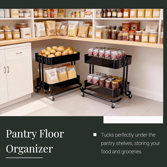2 Tier Cart with Wheels Heavy Duty Metal Rolling Storage Cart for Under Desk Storage, Short Small Utility Shelf for Pantry Kitchen Bathroom Laundry, Home Organizer with Large Basket, Black