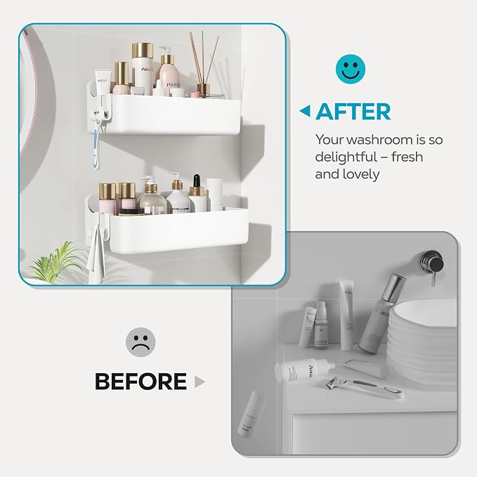 Nieifi Adhesive Shower Shelves, White, 2 Pieces | Rustproof ABS, Large Capacity, Removable Design, No Drilling Shower Organizer for Bathroom Storage & Home Decor
