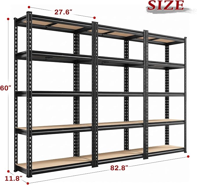REIBII Set of 3 Storage Shelves 5 Tier Garage Shelving Heavy Duty Load 2000LBS, 60" H x 27.6" W x 11.8" D Adjustable Metal Shelving Unit, Utility Rack Shelf for Basement Pantry Shed Warehouse