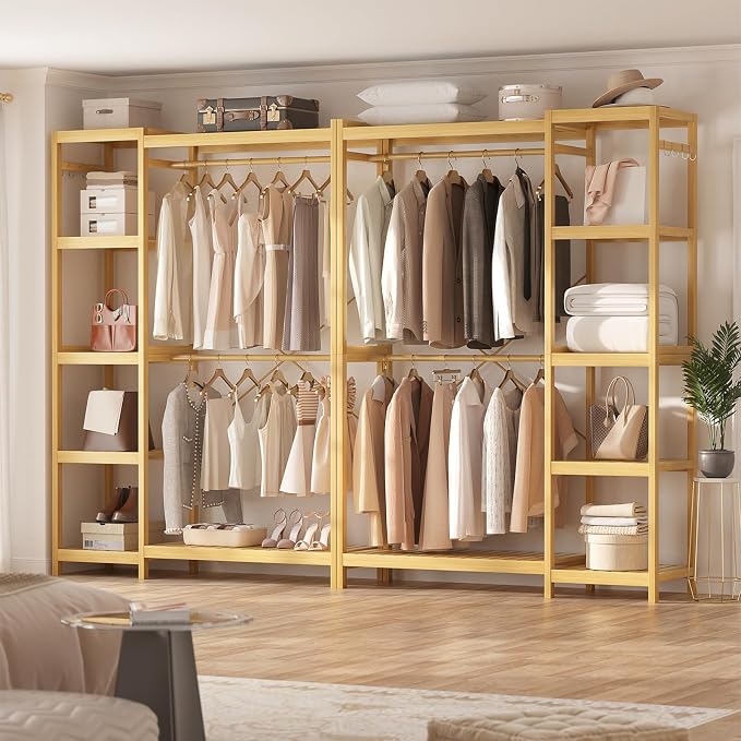 Bamboo Clothes Rack Garment Rack for Hanging Clothes, Heavy Duty Clothing Rack with 7 Tiers Adjustable Shelves, Double Rods, 4 Hooks, Freestanding Closet System Organizer Wardrobe, Natural