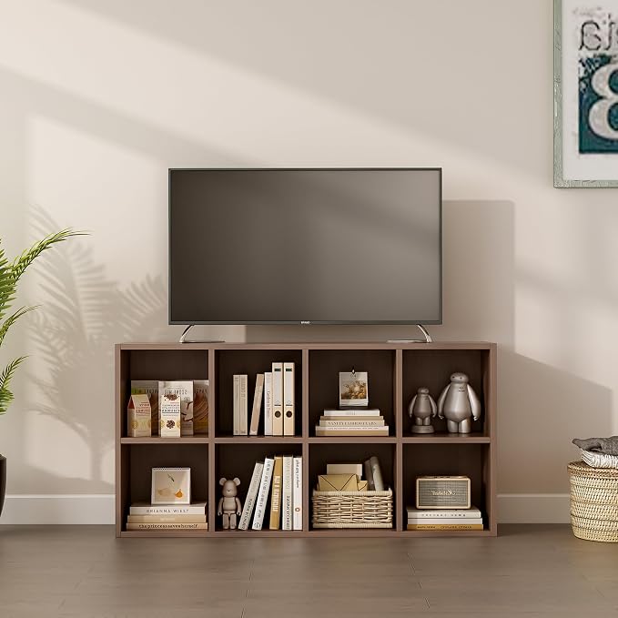 OSCHF 8-Cube Storage Shelf Bookcase, Walnut | Wooden 4-Tier Open Bookshelf, Fits 11×11" Bins, Vertical or Horizontal Use, Full Back Panels, For Home Office