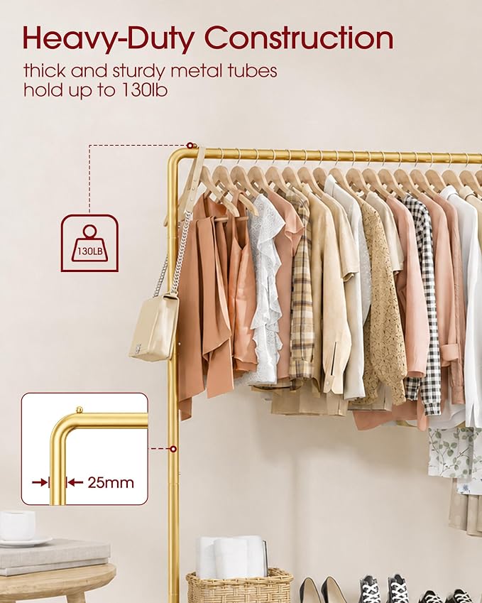 Sakugi Clothes Rack - Clothing Rack with Storage Mesh Shelf & Casters, Heavy-Duty Metal Clothing Rack for Hanging Clothes, Dresses, Coats, Large Load Capacity, Easy Assembly, Gold, 44.3"x16.9"x59.0"
