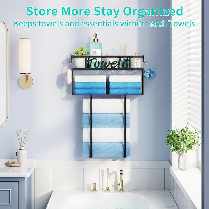 HapiRm Wall Towel Rack for Bathroom, Paper Towel Holder for Above Toilet | Metal Rolled Towel Storage with 4 Hooks Space-Saver Towel Shelf Organizer For Bathtub, Vanity, Small Bathroom, RV, Camper