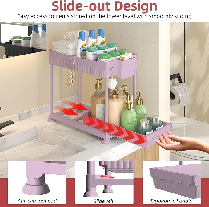 Sevenblue 4-Pack 2-Tier Under Sink Organizer with Pull Out Drawers | Multi-use kitchen & bathroom storage. Includes hanging hooks and cups. Pink, space-saving cabinet design. 12.8 Inch