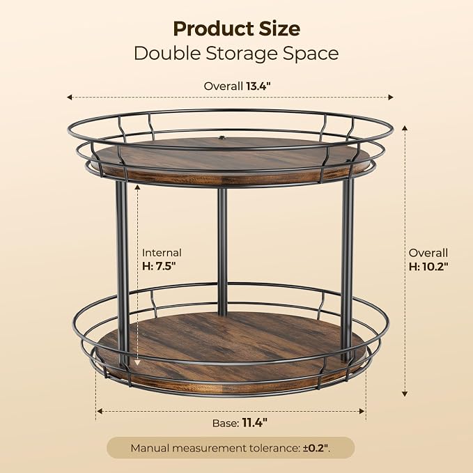 LAMU 12'' Lazy Susan Turntable Organizer, 2 Tier Round Rotating Spice Rack Organization for Kitchen Cabinet and Countertop, Wooden Lazy Susan for Table Top, Pantry, Bathroom, Vanity, Home Decor
