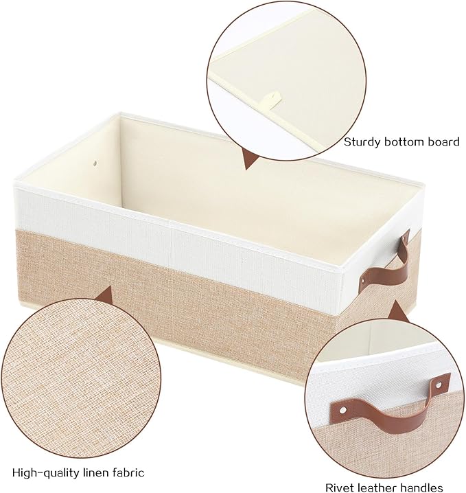 6 Pack Fabric Storage Bins, Large Storage Baskets for Shelves | Foldable Closet Organizer Storage Boxes with Leather Handles for Clothes, Sheets, Jeans, Toys, Books (Beige and White)