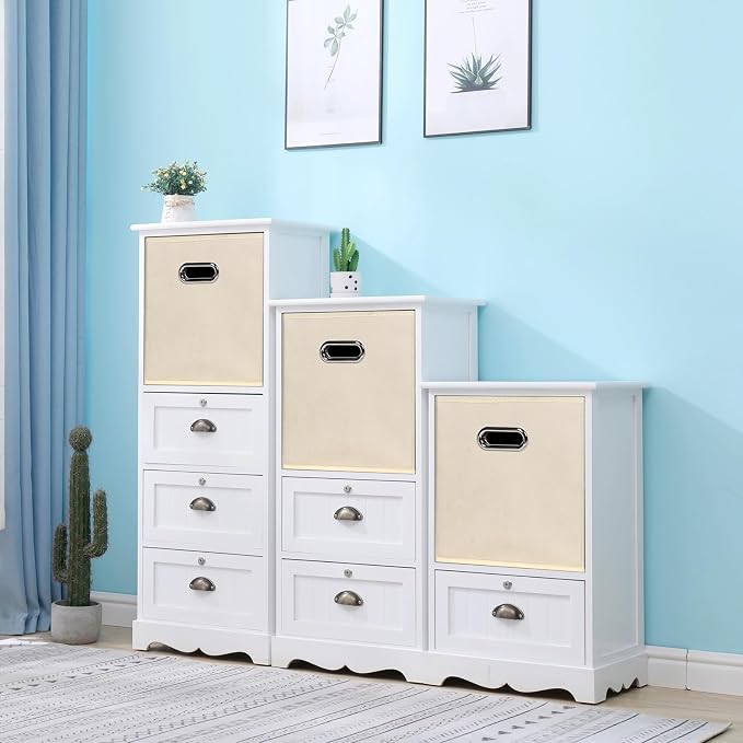 Black Foldable Storage Cubes Bins, Fabric Storage Box Cubes Organizer Baskets with Dual Handles for Home Organizer,Set of 3,(Creamy-White)