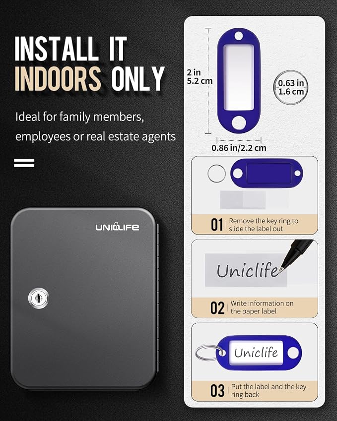 Uniclife 20 Position Key Cabinet with Key Lock Wall Mounted Black Security Storage Box Steel Key Organizer with Colorful Key Tag Labels Stickers and Hooks