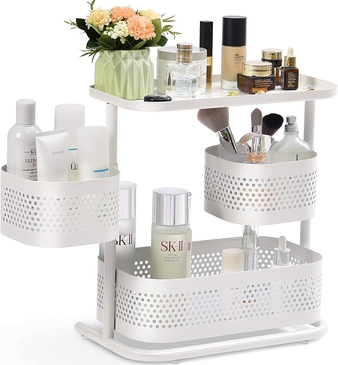 KINGRACK Metal Bathroom Counter Organizer，Rotating Countertop Storage Shelf | 3 Tier, Vanity Tray for Makeup & Skincare, Space-Saving Shelf for Bathroom, Kitchen, Baby Bottle Station, White