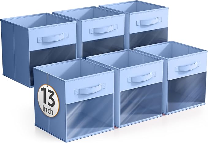 Sorbus 13 Inch Storage Bins with Clear Window - 6 Foldable Baskets for Organizing Clothes, Toys, Books - Sturdy Collapsible Fabric Storage Cubes with Handle - Storage Baskets for Shelves, Closets