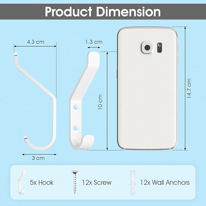 GlazieVault Coat Hooks – Door Hooks (5 Pack) -Heavy Duty Wall Mounted - Premium Design Rust Free Hooks