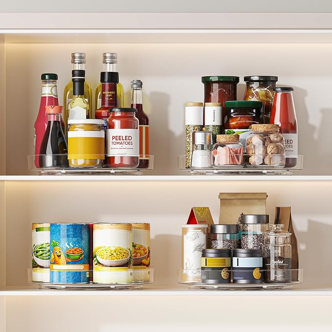 4 Pack 10 Inch Clear Lazy Susan Turntable Organizer for Cabinet, Non-Slip Acrylic Rotating Tray with Raised Edge, Spinning Spice Rack for Kitchen Pantry, Refrigerator, Vanity, Bathroom