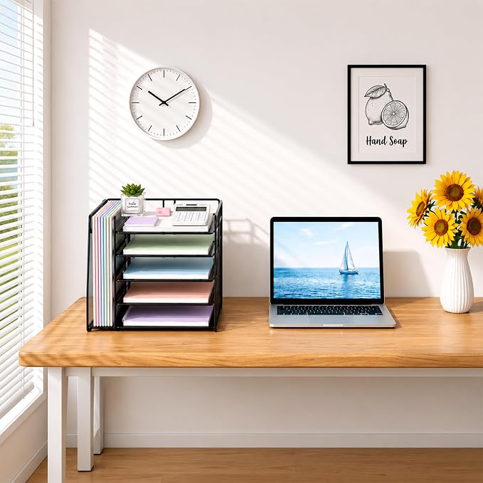 OPNICE Desk Organizers and Accessories, 5-Tier Paper Organizer Letter Tray with Magazine Holder, Office Desk Accessories & Workspace Organizers, Desktop File Organizer for Office Supplies, Black