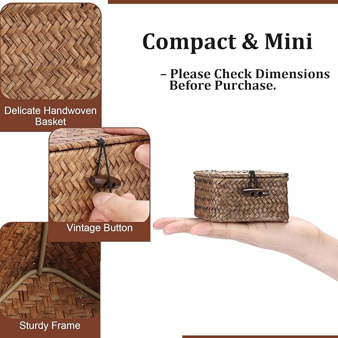 Small Wicker Basket with Lid, Square Seagrass Organizer | Handwoven Compact Storage Box for Key, Jewelry, Decorative Box for Shelf, Home Decor, 3.5"L x 3.5"W x 2"H