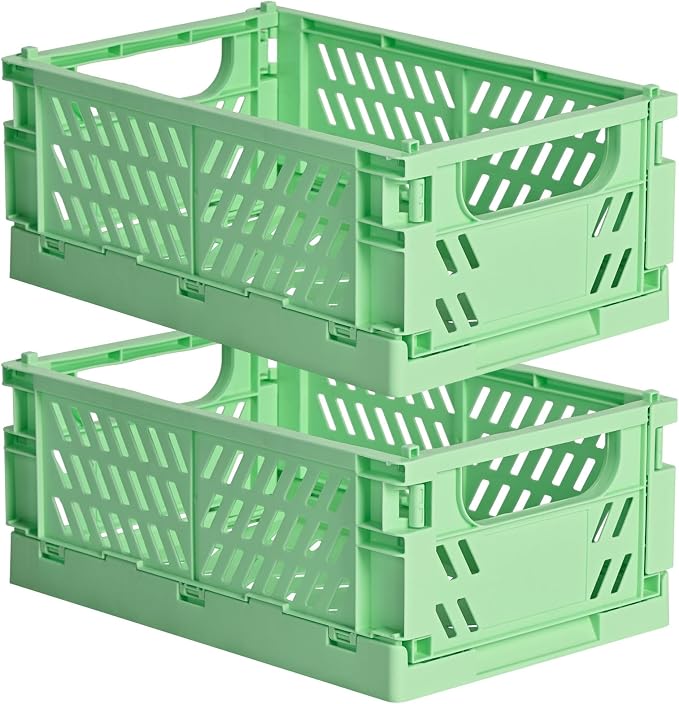 HUUSMOT 2-Pack Collapsible Plastic Storage Baskets, Green, 9.8"x6.5"x3.8" | Pastel, Space-Saving, Collapsible Plastic Bins, Cute Mini Storage Crates, for Classroom, Kitchen, Office, Bedroom