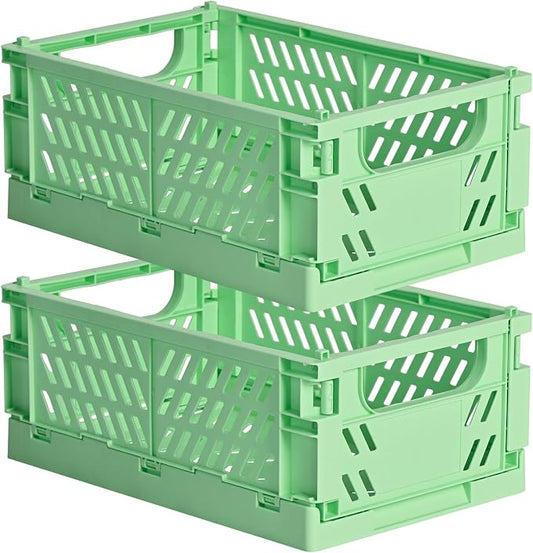 HUUSMOT 2-Pack Collapsible Plastic Storage Baskets, Green, 9.8"x6.5"x3.8" | Pastel, Space-Saving, Collapsible Plastic Bins, Cute Mini Storage Crates, for Classroom, Kitchen, Office, Bedroom