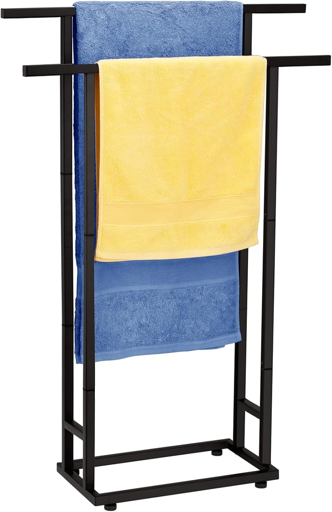 Standing Towel Racks for Bathroom, 2 Tier Bathroom Floor Free Standing Towel Rack, Tall Enough Pool Bath Drying and Dispaly Outdoor Stand for Storage, Black Freestanding Blanket Holder, ALHAKIN