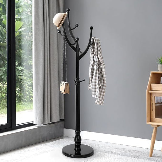 Bekrvio Tree Coat Rack Freestanding with Sturdy Round Base, Black | Unique Coat Hanger Stand, Heavy Duty Standing Coat Rack, For Jacket, Hat, Bags For Entryway / Hallway / Bedroom