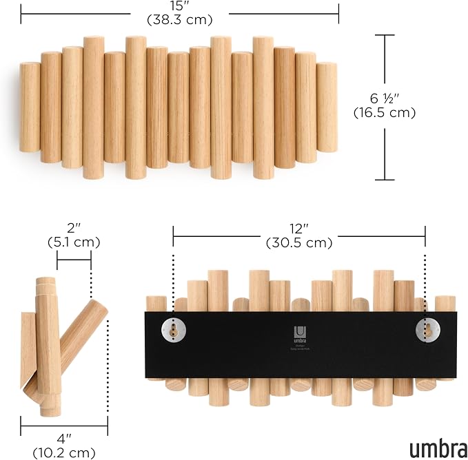 Umbra Picket Coat Rack, Wall Mount 5 Flip-Down Coat Hooks, Natural | Beveled pine wood dowels, supports up to 5 lbs, mounting hardware included, space saving
