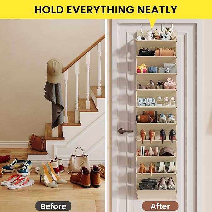 Mefirt 20-25 Pairs Over the Door Shoe Organizer, Clear Pockets Shoe Rack for Closet Door, 10-Tier Hanging Shoe Rack for Boots, Behind the Door Shoe Holder Fit All the Family's Sneakers, Heels, Beige