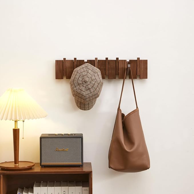 QUELLANCE Wood Coat Rack Wall Mount, Coat Hooks Hanger Wall Mounted, Heavy Duty Wall Coat Rack with 6 Hooks for Hanging Coats/Keys/Hats/Robe&Towels/Plants/Bags, Walnut