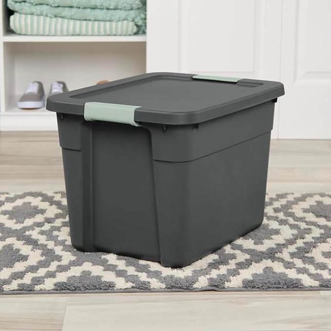 Sterilite 24 Pack Latch Tote, Stackable Plastic Storage Container, 12 Gallon, Gray/Green