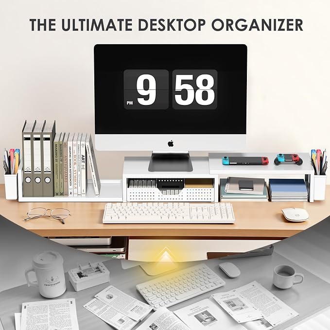 OPNICE Desk Organizers and Accessories, Dual Monitor Stand Riser with Drawer and 2 Pen Holders, Desk Shelf Computer Racks for Office Workspace Organizers, Desktop Organization (White)