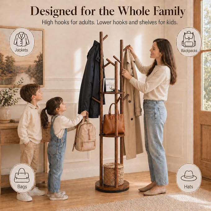 Solid Wood Rotating Coat Rack Freestanding, 360° Coat Tree with 3 Shelves & 9 Hooks, Heavy Duty Rubberwood Coat Hanger Stand, Hat Rack Hall Tree for Entryway Bedroom Office Hallway, Walnut