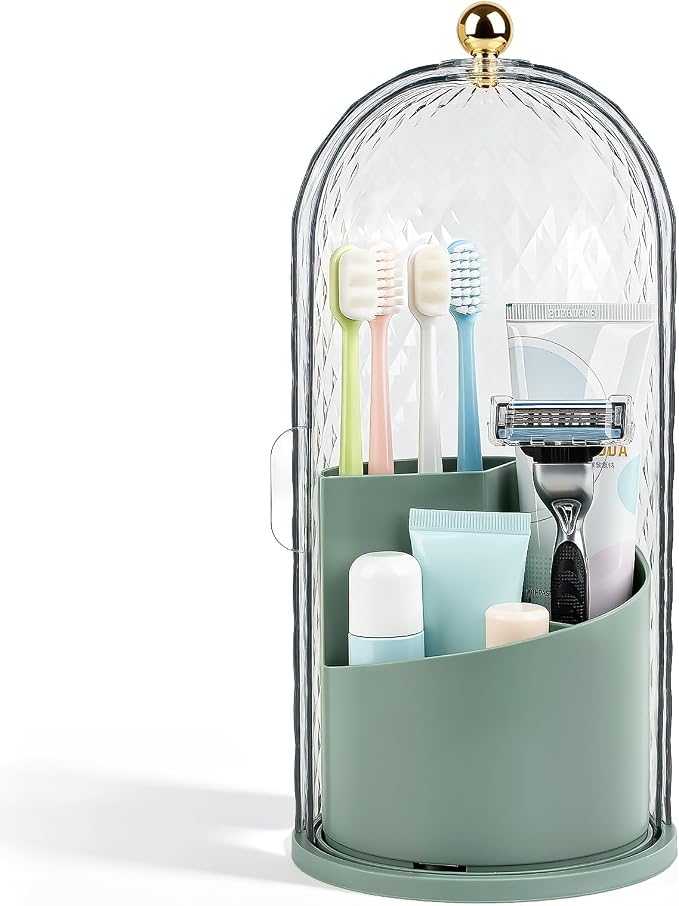 Toothbrush Holder with Cover for Bathroom Countertop, Organizer, Green | Rotating 3 Slot Holder for Electric Toothbrushes, Toothpaste, Self Draining Vanity Organizer, Makeup Brush Storage