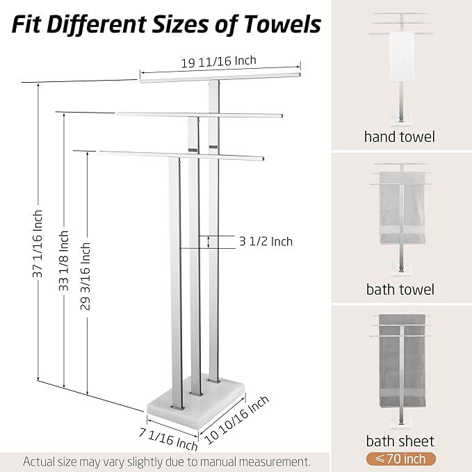 KES Heavy Marble Base Standing Towel Rack, 3-Tier Stainless Steel, Polished | Freestanding Design, No-Drill Assembly, Tiered Bars For Bath Sheets, Bath Towels, Hand Towels, Anti-Slip Pads