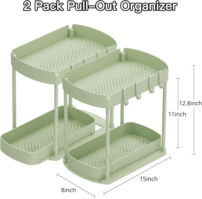 Ukeetap 2 Pack Multi-Purpose Pull-Out Storage Organizers, Under Sink Organizers and Storage for Bathroom & Kitchen, Under Cabinet Organizers and storage, 12.8 Inch, Green