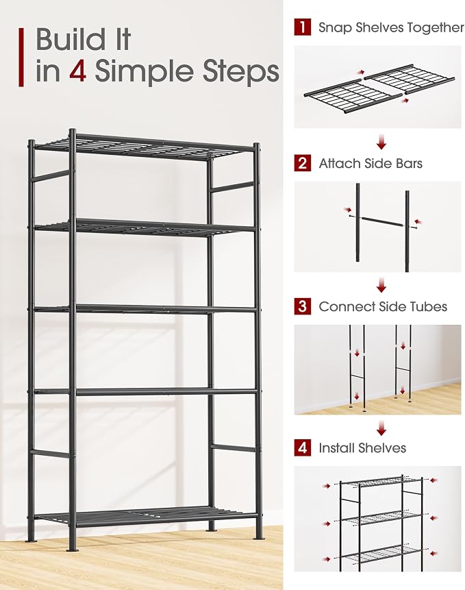 Sakugi Storage Shelves - 5 Tier Shelf Organizer, Heavy Duty Garage Shelving Unit with Leveling Feet, Stable Metal Shelves Organizer for Pantry, Kitchen and Closet, 33.0" W x 12.6" D x 72.0" H, Black