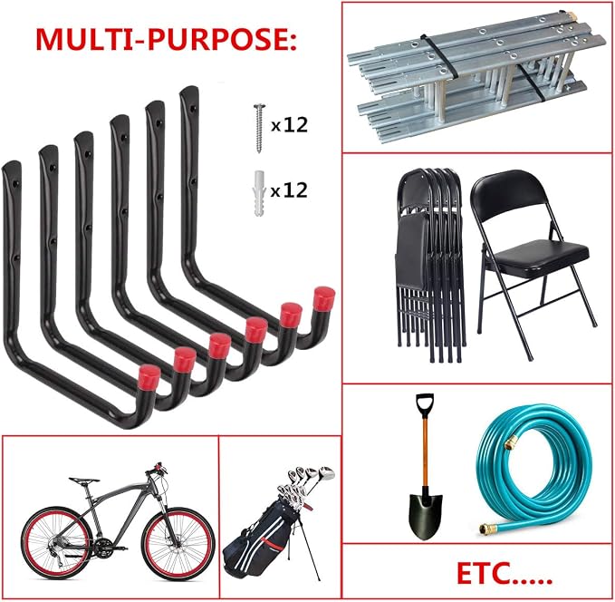 Heavy Duty Utility Garage Storage Hooks, Ladder Storage Hook Wall Mount J Organizer Hangers for Hoses, Garden Tools, Cords, Cables, Toy Bag