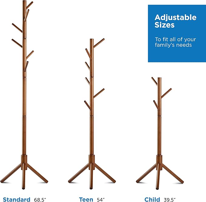 Wooden Tree Coat Rack Stand, 6 Hooks - 3 Adjustable Sizes Free Standing Coat Rack, Hallway/Entryway Coat Hanger Stand for Clothes, Suits, Accessories