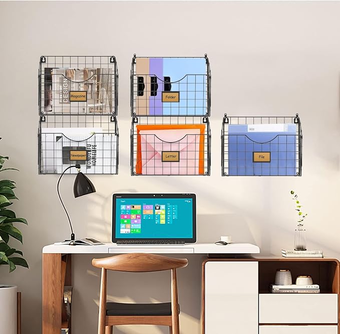 X-cosrack 5-Tier Over the Door File Organizer, Stackable Hanging Wall Files Rack with Door Hooks Wall Organizers, SVertical Wall File Storage with Tag for Office Home and Work Easy Organizing - Black