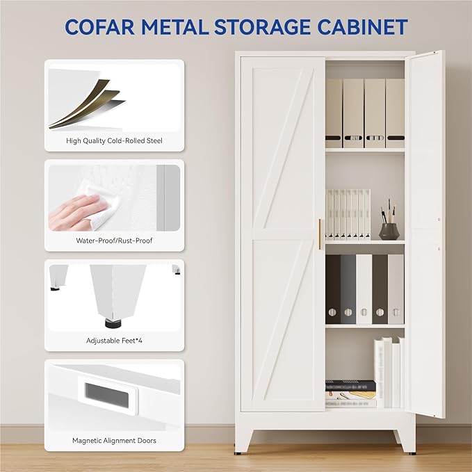 COFaR 61'' Tall Metal Storage Cabinet, Farmhouse Kitchen Pantry Cabinet with Doors and 3 Adjustable Shelves, White Metal Cabinets for Kitchen, Bathroom, Laundry, Garage, 4-Tier