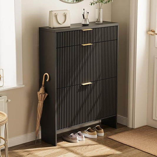Fluted Shoe Cabinet Storage with 2 Flip Drawers & 1 Drawers, Wood Narrow Hidden Shoe Cabinet for Entryway, Freestanding Slim Shoe Rack Organizer for Foyer Hallway Living Room(Black)