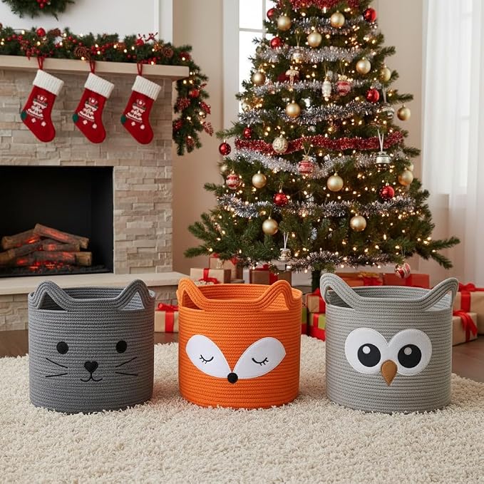 VK VK·LIVING Owl Storage Basket for Gift Foldable Cute Nursery Animal Toy Basket with Handles, Large Cotton Rope Baby Laundry Storage Organizer for Blanket Towels in Living Room Bedroom 15"Lx14"H