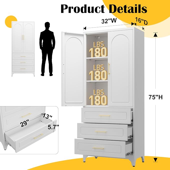 SteeLoong 75”Kitchen Pantry Cabinet, Metal Storage Cabinet with 3 Drawers | White Pantry Cabinets for Kitchen Storage with 2 Adjustable Shelves,Tall Freestanding Cupboard for Living Room,Kitchen,Garage