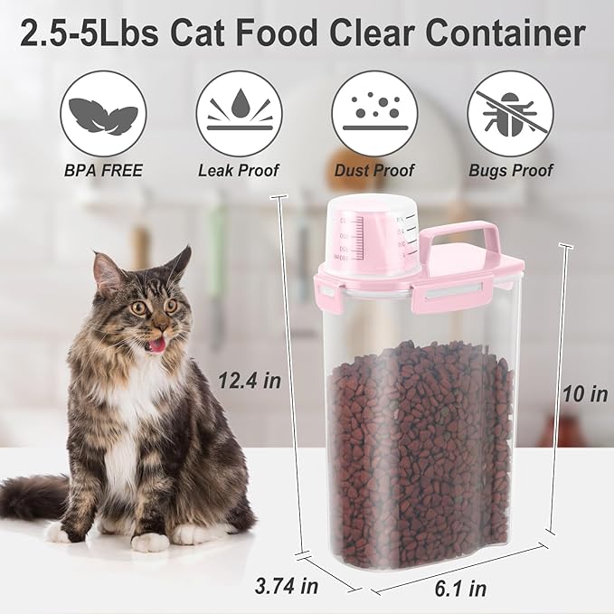 Dog Cat Food Storage Container with Cup (Pink, 2.5L) | Pet Food Pourable Container Airtight with Large Spout, BPA-Free Plastic Food Dispenser for Pet Food, Bird Seed, Rice, Flour