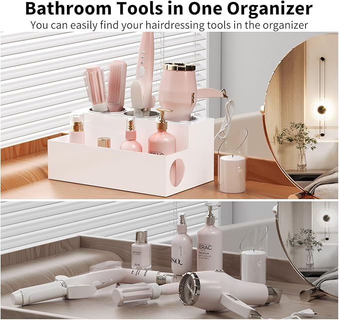 NIUBEE Acrylic Hair Tool Organizer,Hair Dryer Holder Countertop with 3 Cups | White, Hot Tools Organizer, Hair Blow Dryer Organizer for Curling Iron, Brush, Straightener, Makeup,Skincare,Vanity, Bathroom