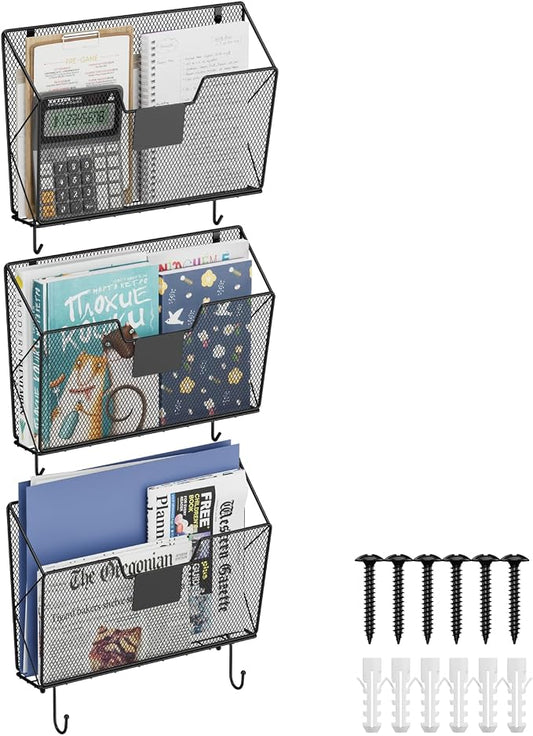 OYEAL Hanging Wall File Organizer, Mesh File Folder Holder for Home Offic | Mail Paper Orgnization, Hanging Wall Mounted Mail Organizer with Label Slots & Hooks, Magazine Rack, Vertical File Storage